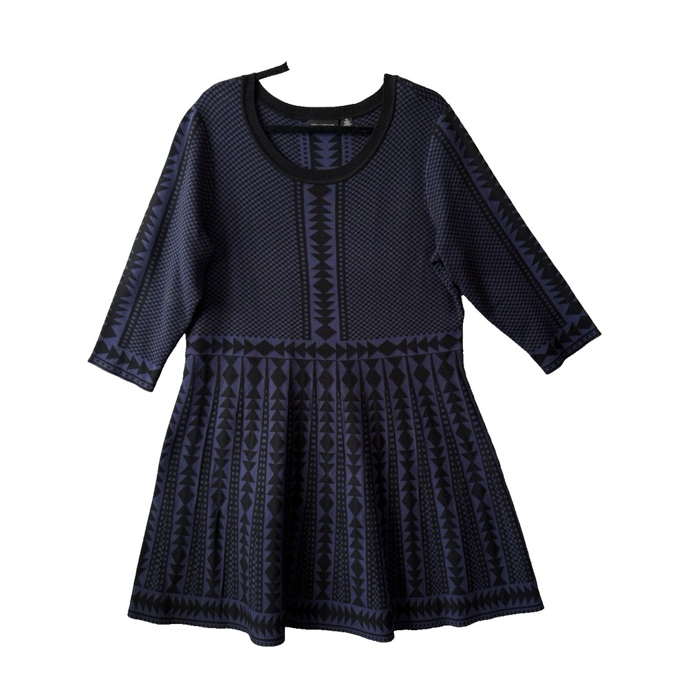 Nina Leonard Sweater Dress 1X Fit & Flare Geometric Navy Blue Black 3/4 Sleeve